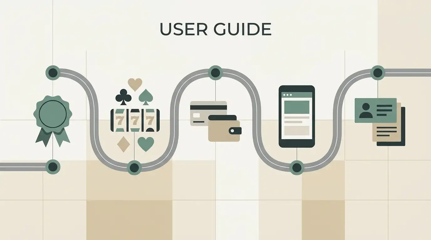 Editorial decision map showing licence, games, payments, mobile access and verification as five casino review checks
