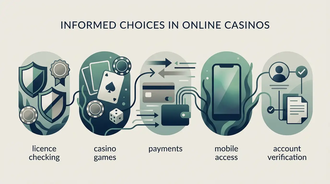 Editorial illustration representing a UK casino review with licence, games, payments and mobile themes