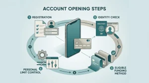 Editorial account-opening flow showing registration, identity check, funding method and account limits