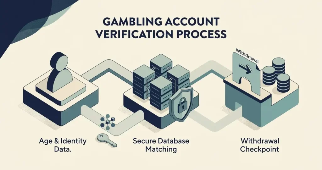 Editorial identity-verification flow with age check, database match and withdrawal checkpoint