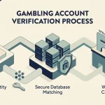 Editorial identity-verification flow with age check, database match and withdrawal checkpoint