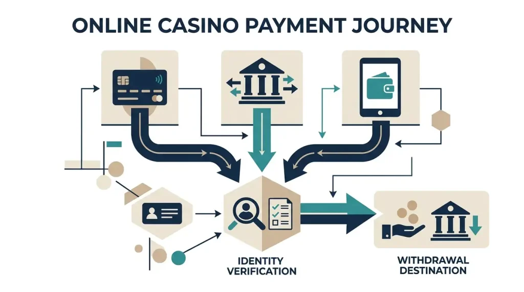 Editorial payment flow showing debit card, bank and e-wallet routes leading through a KYC checkpoint