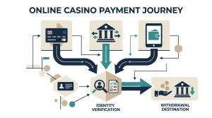 Editorial payment flow showing debit card, bank and e-wallet routes leading through a KYC checkpoint