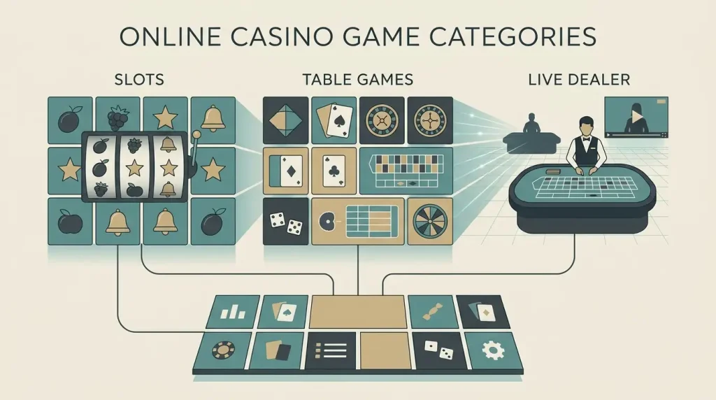 Illustrated map of casino game categories including slots, tables and live dealer games