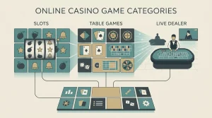 Illustrated map of casino game categories including slots, tables and live dealer games