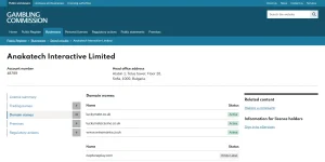 UK Gambling Commission public register entry for neptuneplay.com under Anakatech Interactive Limited