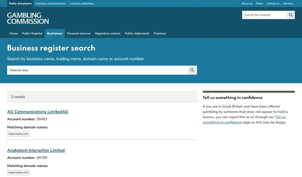 UK Gambling Commission register search for Neptune Play showing current and legacy domain mappings
