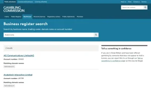 UK Gambling Commission register search for Neptune Play showing current and legacy domain mappings